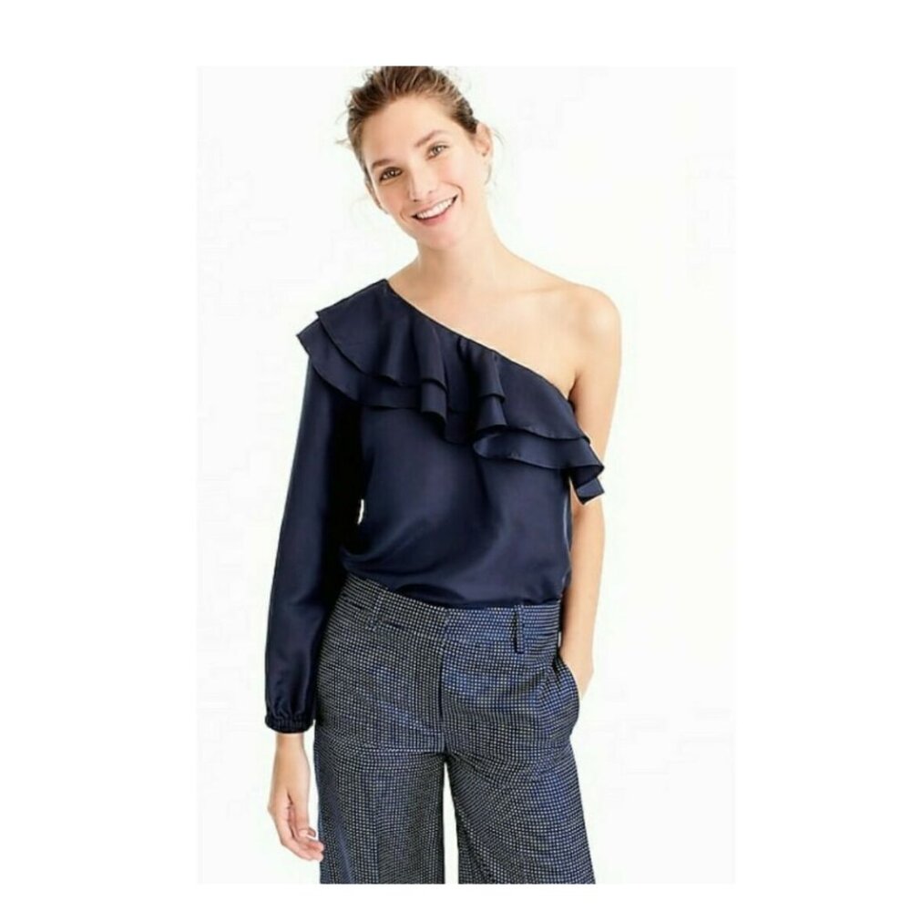 NWT J Crew Blue Silk Shantung One Shoulder Blouse 00P